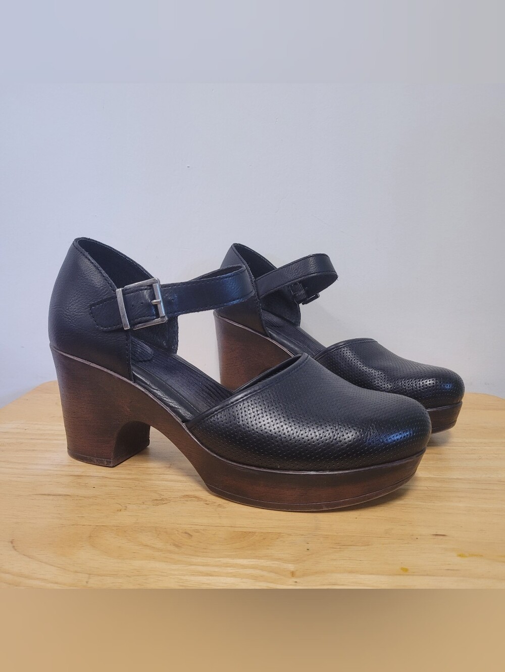 BOC Gia Platform Mary Jane Leather Shoes Womens 9 Black Woodgrain Chunky Heel